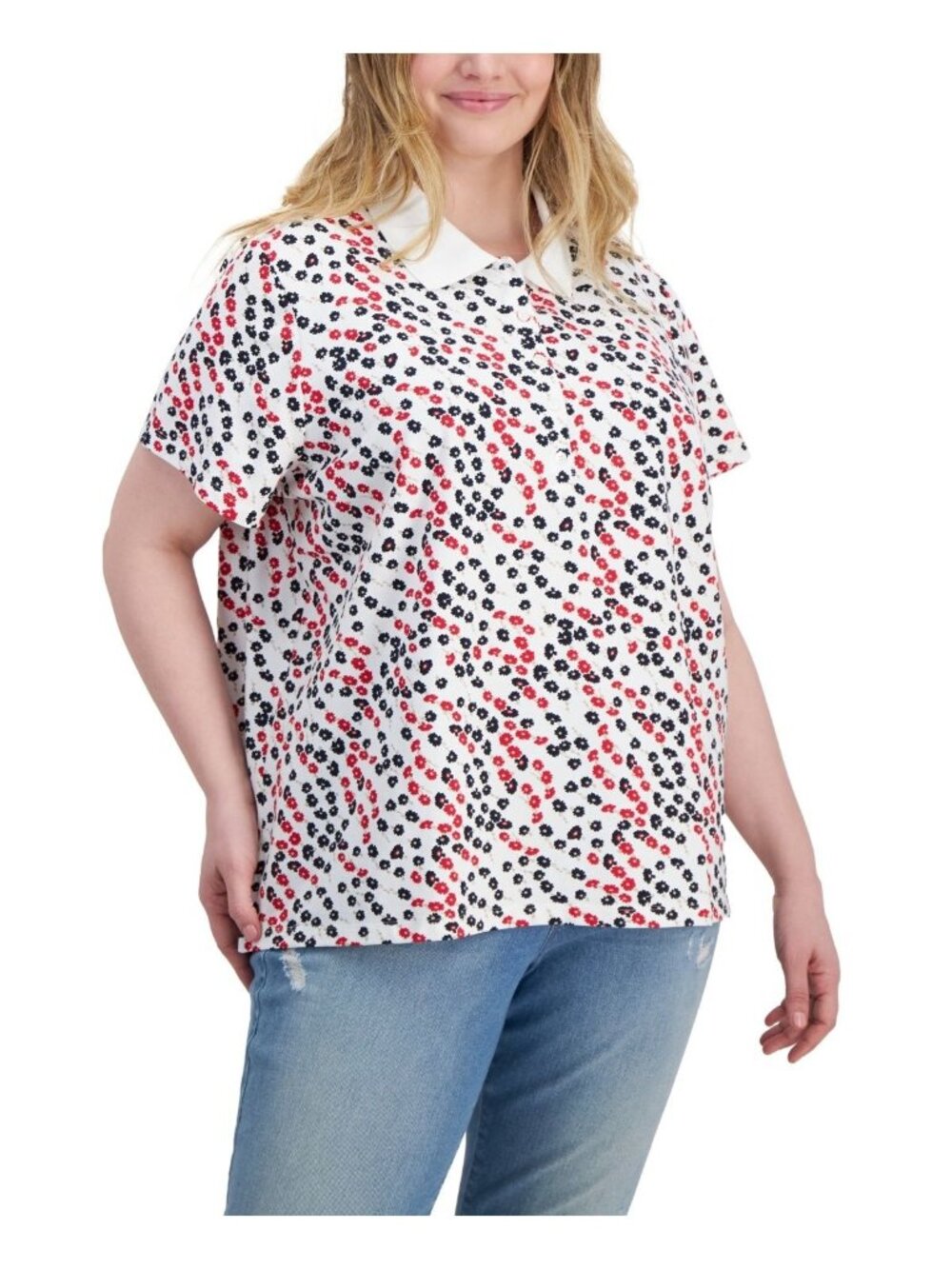 Tommy Hilfiger Womens Ditsy Floral Printed Polo Top Scarlet White Size 2X NWT